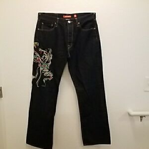 Ed Hardy Dark Jeans with Vibrant Embroidery